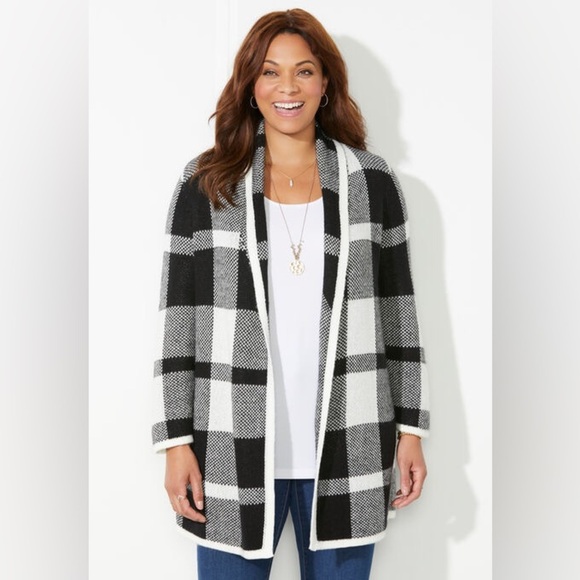 NWT Lark Grey Black White Checkered Plaid Duster Long Cardigan Sweater Cozy 1X - Picture 1 of 8